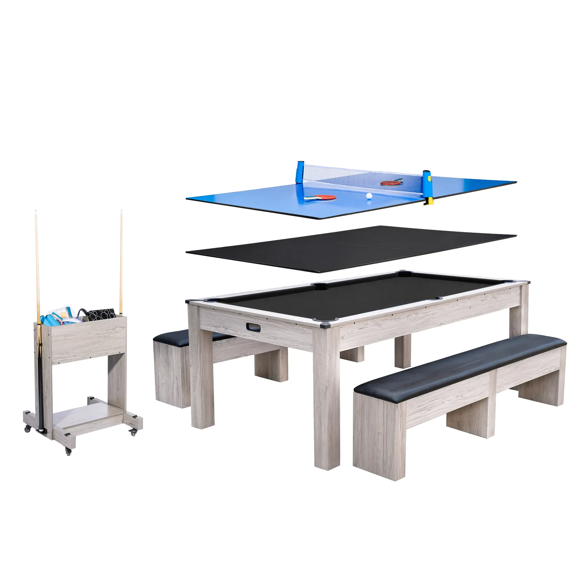 7FT 3-in-1 Convertible Pool Table for Home & Game Rooms – Billiard, Dining, and Table Tennis Combo – Includes Cue Sticks, Balls, Table Tennis Accessories, and Rolling Storage Cart – Space-Saving Multi-Game Table