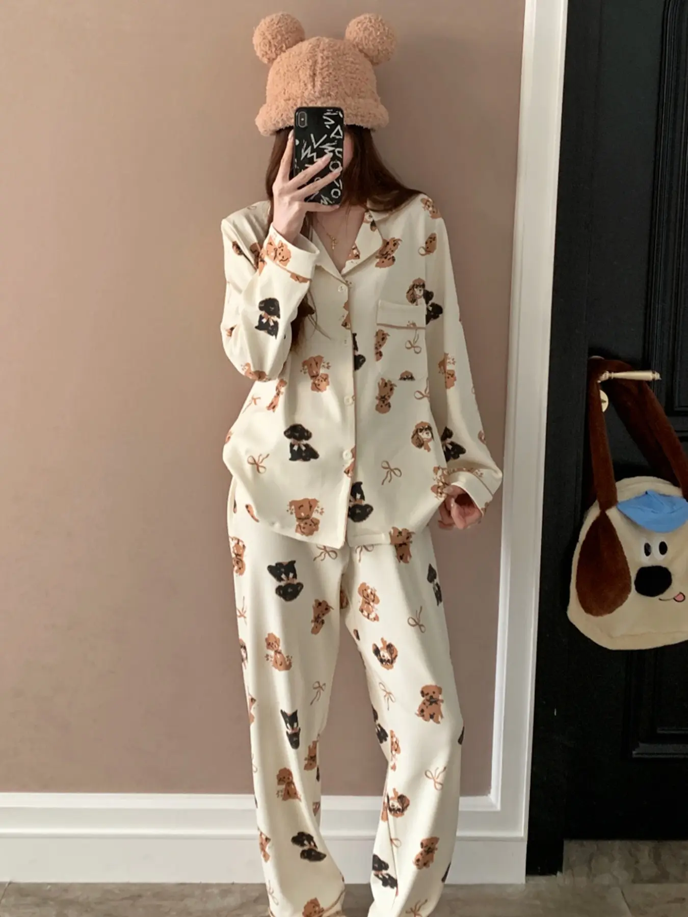 Cartoon Puppy Print Comfortable Lightweight Sleepwear, Long Sleeve Open Front Pajamas Pjs for Women, Cute Casual Set, Spring & Fall Lounge Wear