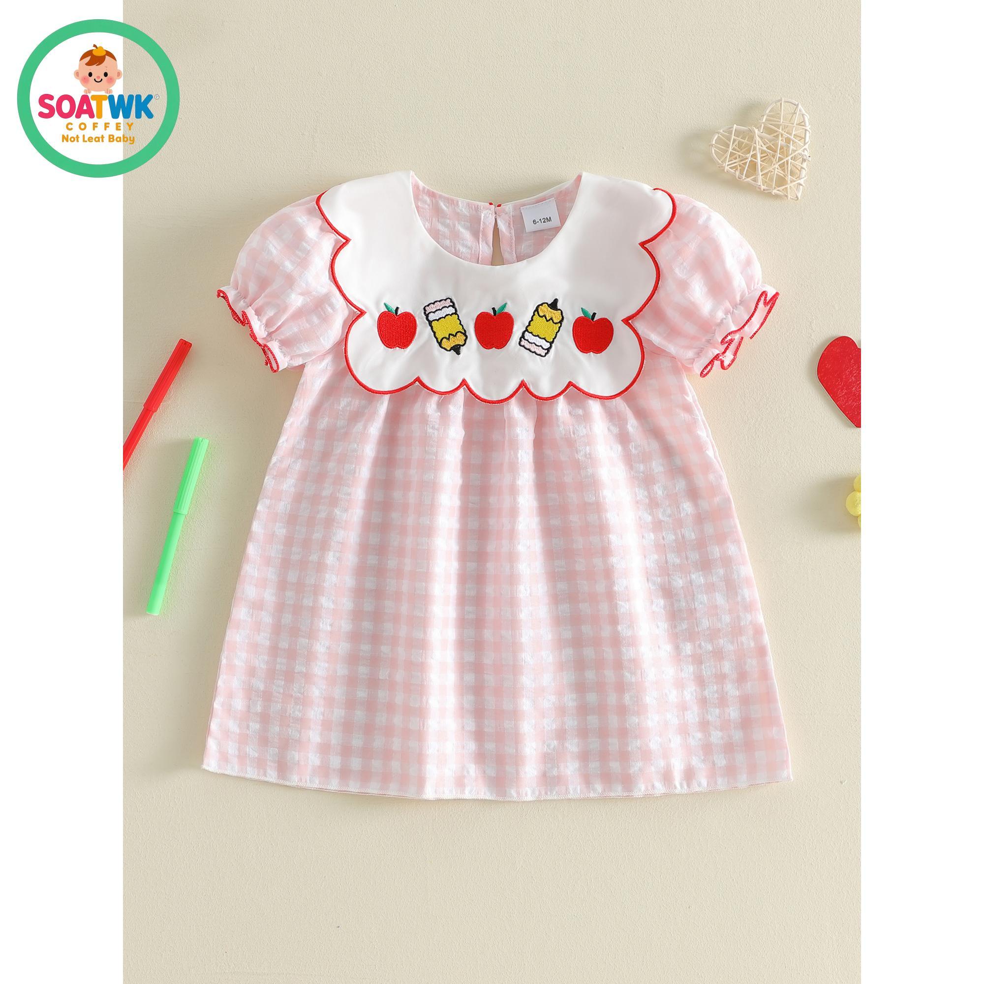 Back to School Dress for Little Girl Puff Short Sleeve Crew Neck Pencil Embroidery Plaid Print A Line Dress