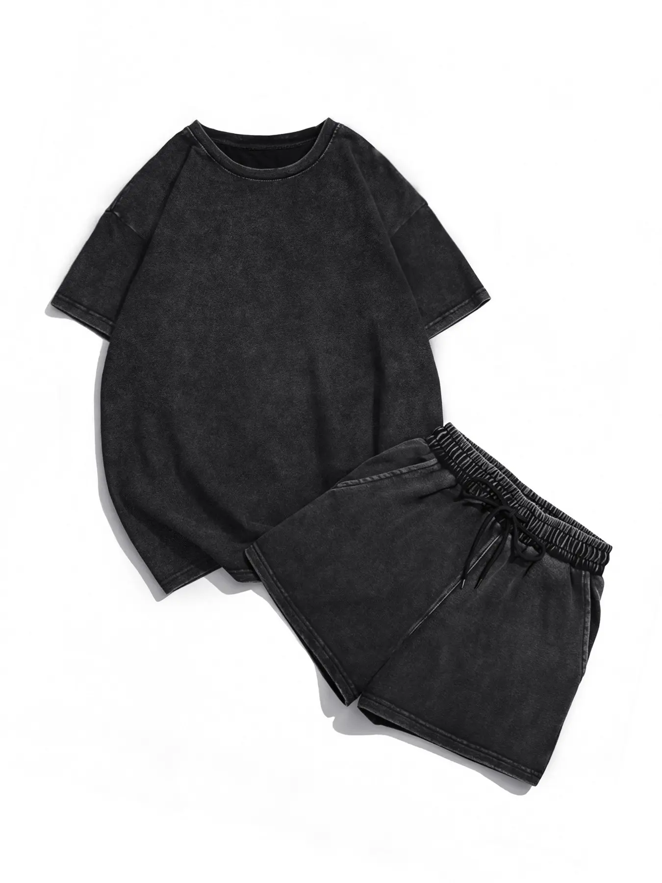 Women's Vintage Acid Wash Knit Set, Loose Fit Short Sleeve T-Shirt + Drawstring Waist Shorts, Comfortable Streetwear for Daily Outing