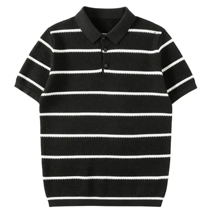 Summer New Style Mature And Sophisticated Old Money Style Striped Short-Sleeve Knitted Polo Shirt For Men, Simple And Exquisite Design, Retro Contrasting Color Striped Knitted Short-Sleeve Polo Shirt For Men, Basic Style #   SummerWins