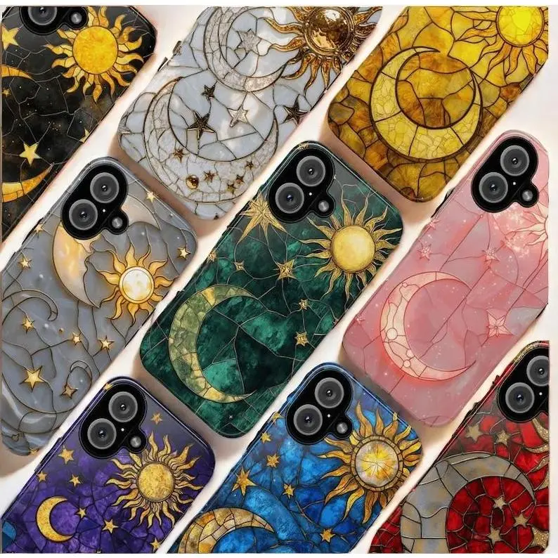 Tianchi's painted glass phone case, painted glass moon and sun phone case, suitable for iPhone 17 Pro Max, Air 16, 15, 14, 13, 12, 11 Pro Max Plus / Samsung Galaxy, S25, S26, S24 Ultra, FE, Glossy phone case trendy gift ideal christmas
