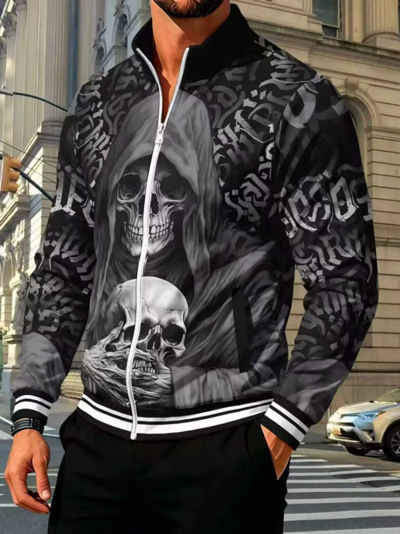 Men's Gothic Skull Print Zipper Jacket, Punk Style Full Digital Print, Comfortable Fabric, Party Street Wear, Multiple Sizes Available, Gothic Streetwear Jacket