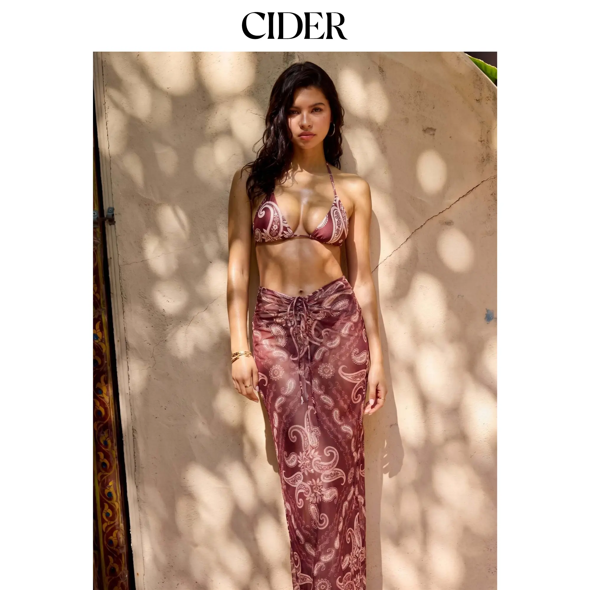 Cider Halter Neckline Paisley Triangle Low Rise Bikini Set With Sarong