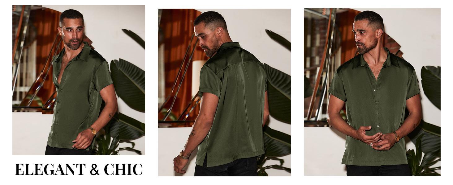 PASLTER Mens Luxury Satin Silk Dress Shirts Casual Button Down Short Sleeve Prom Party Wedding Shirt