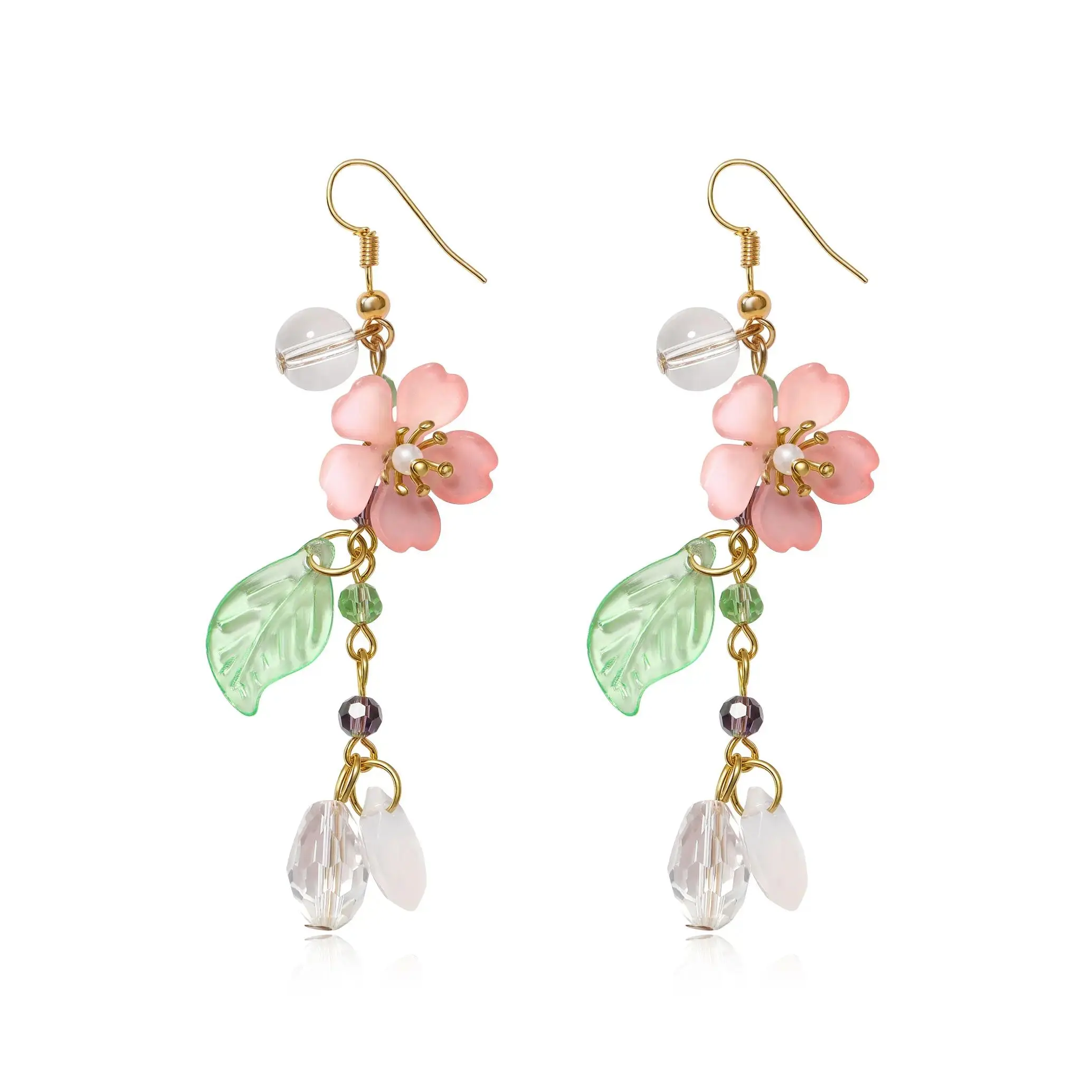 Lacholin Women's Whimsical Floral Dangle Earrings, Asymmetrical Boho Statement Jewelry with Pearl and Leaf Accents, Lightweight Cutecore Accessories