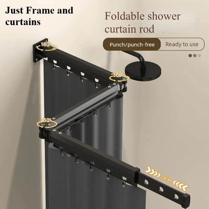 Foldable L-shaped Shower Curtain Partition for Compact Bathroom, Corner Water-proof Fabric, Separate Wet & Dry Zones In Small Restroom