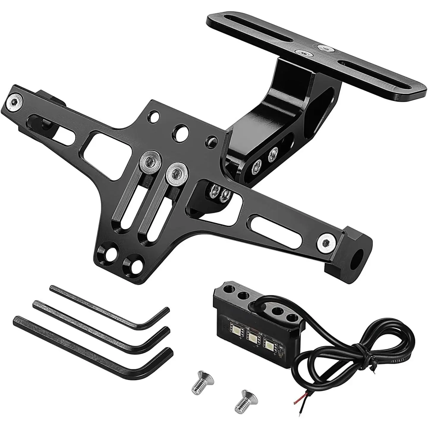 CNC Aluminum Universal Motorcycle License Plate Mounting Bracket - LED Light Fender Eliminator Kit with 3 Adjustable Functions, Horizontal Angle Adjustment, 30-115mm Length Adjustment, Up-Down Position Shift, Bolts for CBR Series, CBR 1100xx, MT03
