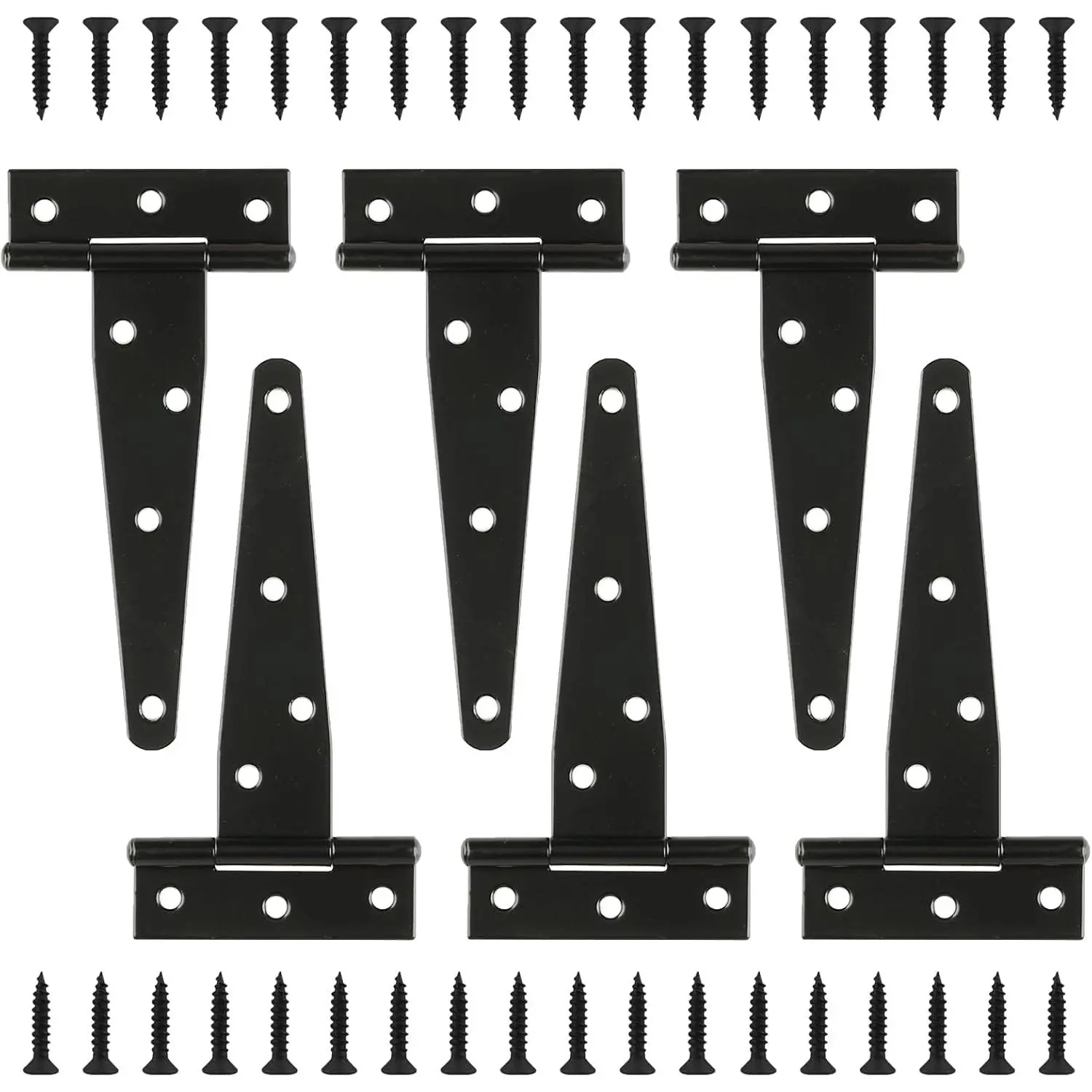 T-Strap Gate Hinges, 6 count 5 Inch T Hinges Shed Door Hinges, Heavy Duty Black Outdoor Tee Hinge for Wooden Fences, Gate Door Hinges, Barn Door Gates Hinges for Shed Door Hardware Hinges
