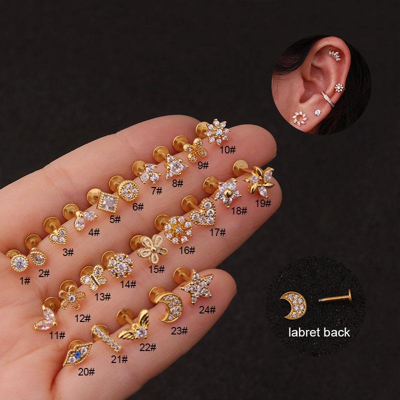 24Pcs 16G Gold CZ Internally Threaded Labret Set, 316L Stainless Steel Cartilage Stud Pack, Hypoallergenic Internally Threaded Nose Studs for Women Men