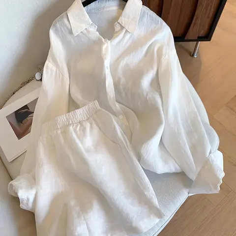 Women's Loose Fit Casual Collared Top and Solid Color Shorts Set, Basic Two-Piece Outfit for Ladies Clothes