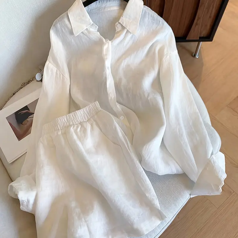 Women's Loose Fit Casual Collared Top and Solid Color Shorts Set, Basic Two-Piece Outfit for Ladies Clothes