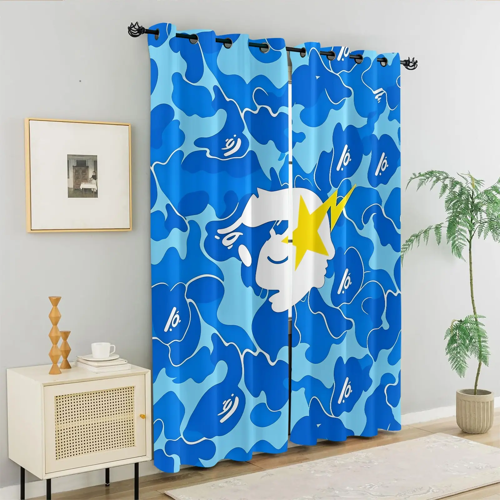 Blue Camo Figure And Star Blackout Curtains, American Street Style Fabric Window Drapes, Light Shielding Decor Curtain for Household Young Adults Bedroom Living Room, Multiple Patterns Available