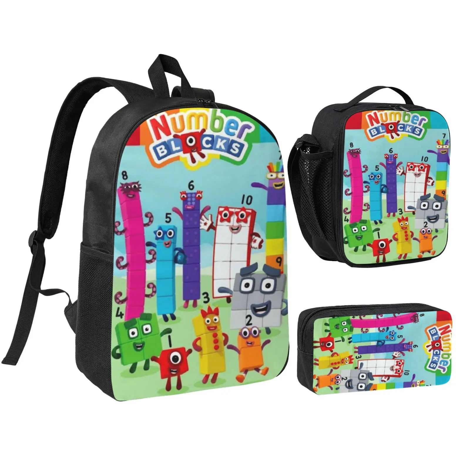 Anime Numberblocks Character Art 3-Piece Kids' Backpack Set with Adjustable Strap, Colorful Blocks Cute Print, Insulated Lunch Bag & Pencil Case, Prop 65 Safe Lightweight Daypack for Teens
