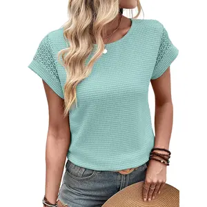 Womens Summer Tops Waffle Knit Lace Hollow Out Short Sleeve Crewneck Casual Loose Basic Tee Blouses