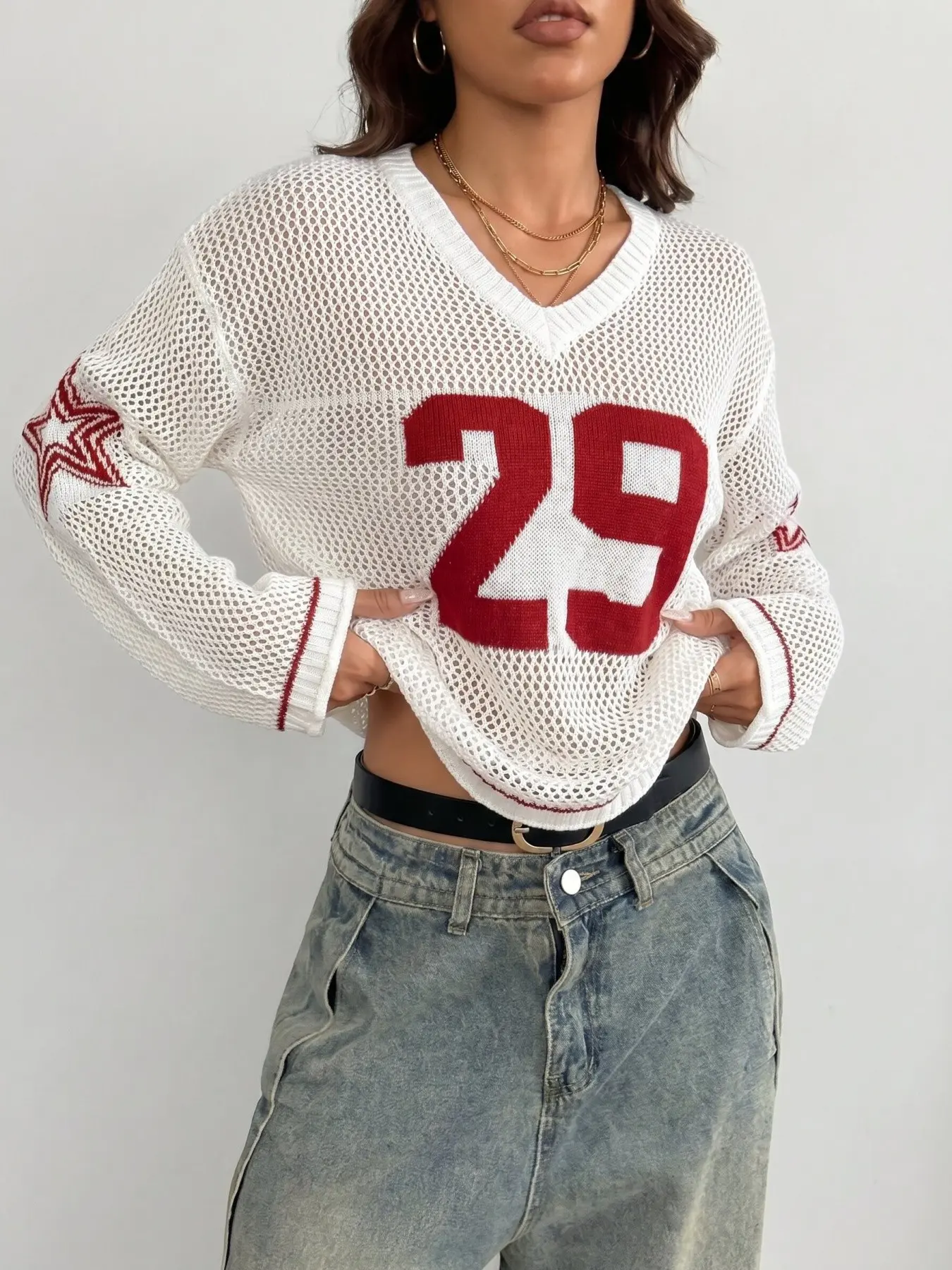 Women's Autumn V-Neck Hollow Design Aesthetic Long Sleeve Pullover Sweater, Casual Loose-Fitting Knit Top with Star Pattern, Beach Vacation Wear, Knitwear