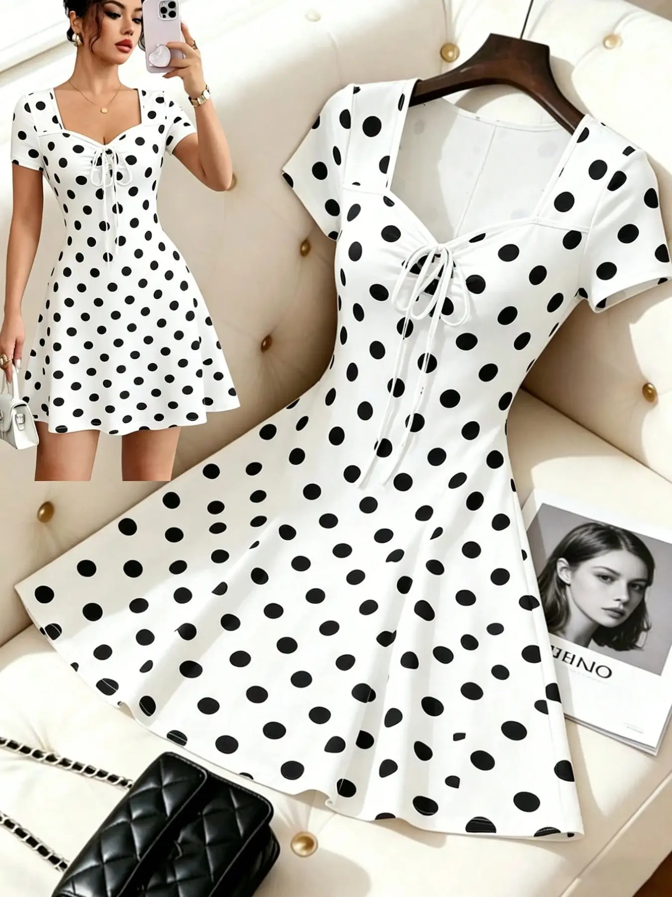 Summer New Square Neck Drawstring Polka Dot Dress, Waist Cinch A-Line Skirt, Elegant Short Women's Dress, Fashionable Summer Beach Holiday Dress