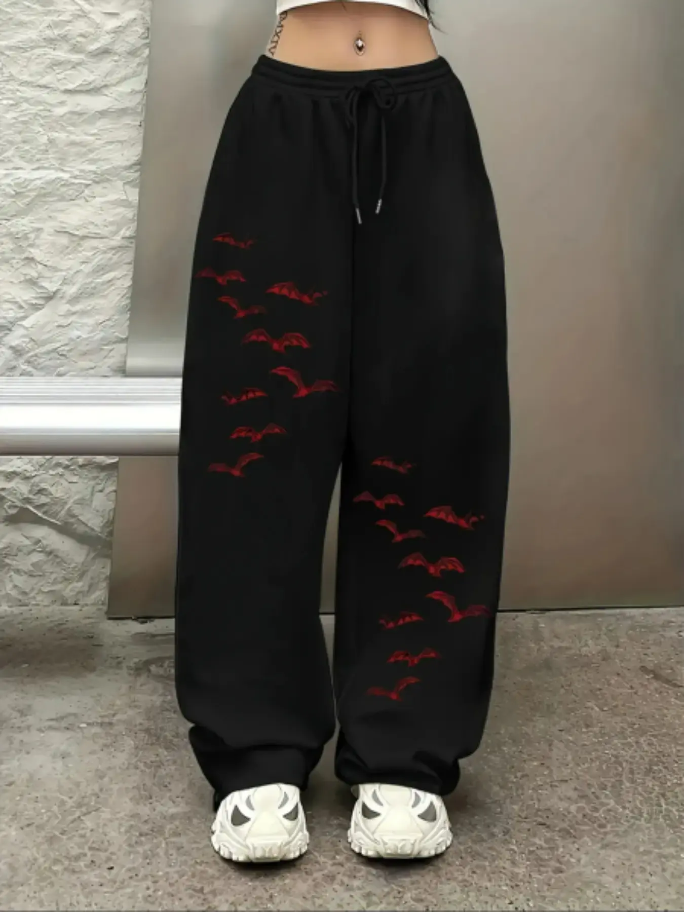 Vintage Punk Bat Drawstring Pants, Dark Bat Print Wide Leg Baggy Oversize Sweatpants, Women's Y2K Gothic Streetwear, High Street Hip Hop Loose Casual Pants