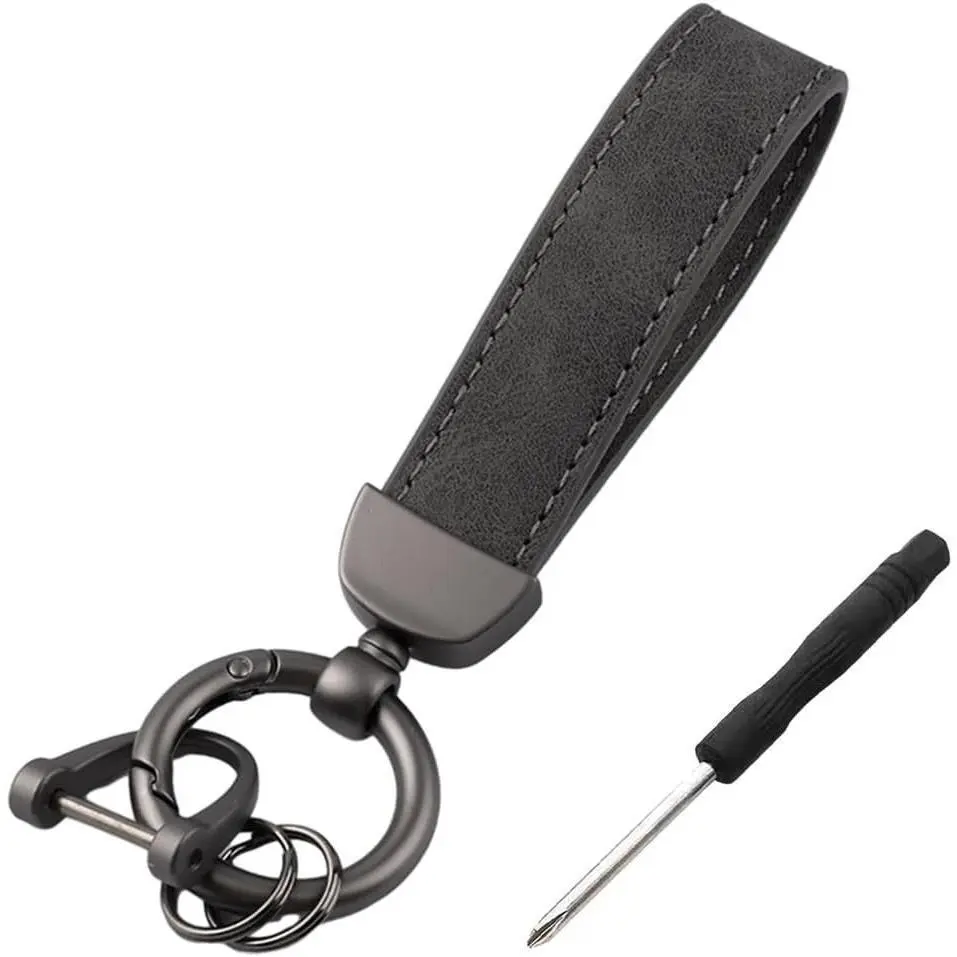Genuine Leather Car Keychain, Universal Heavy Duty Metal Auto Key Fob Holder with Anti Lost D-Ring for Men Women (Black-Gray)