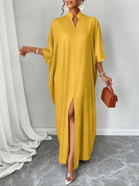 Women's Plain Notched Neck Split Hem Long Dress, Elegant Fashion Casual Dress for Daily Outdoor Wear, Women Dress for Summer