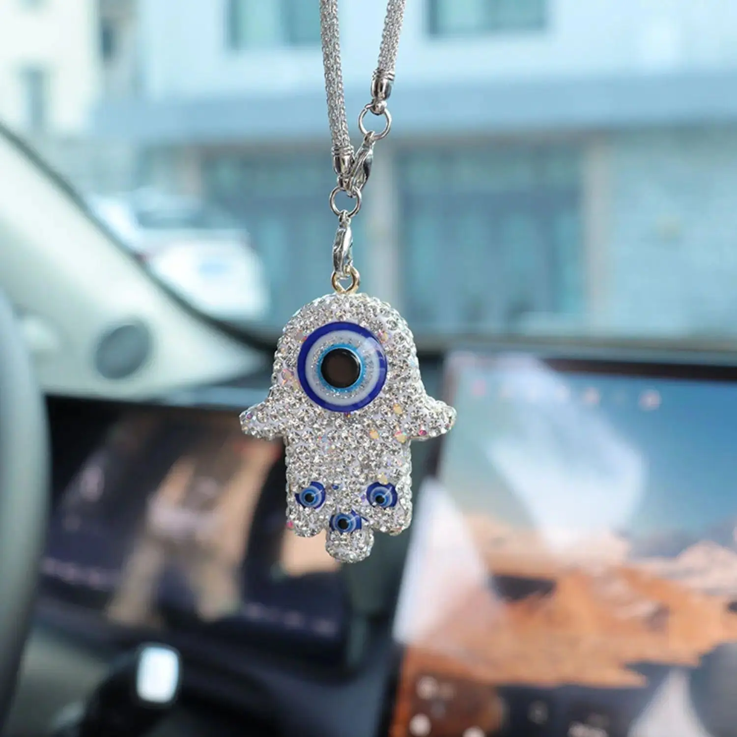 Hamsa Hand Evil Eye Car Charm - Rhinestone Rearview Mirror Hanging Ornament with Symbolic Amulet Design, Bling Unisex Car Accessories for Daily Driving & Gifting, sohochic Auto Interior Decor