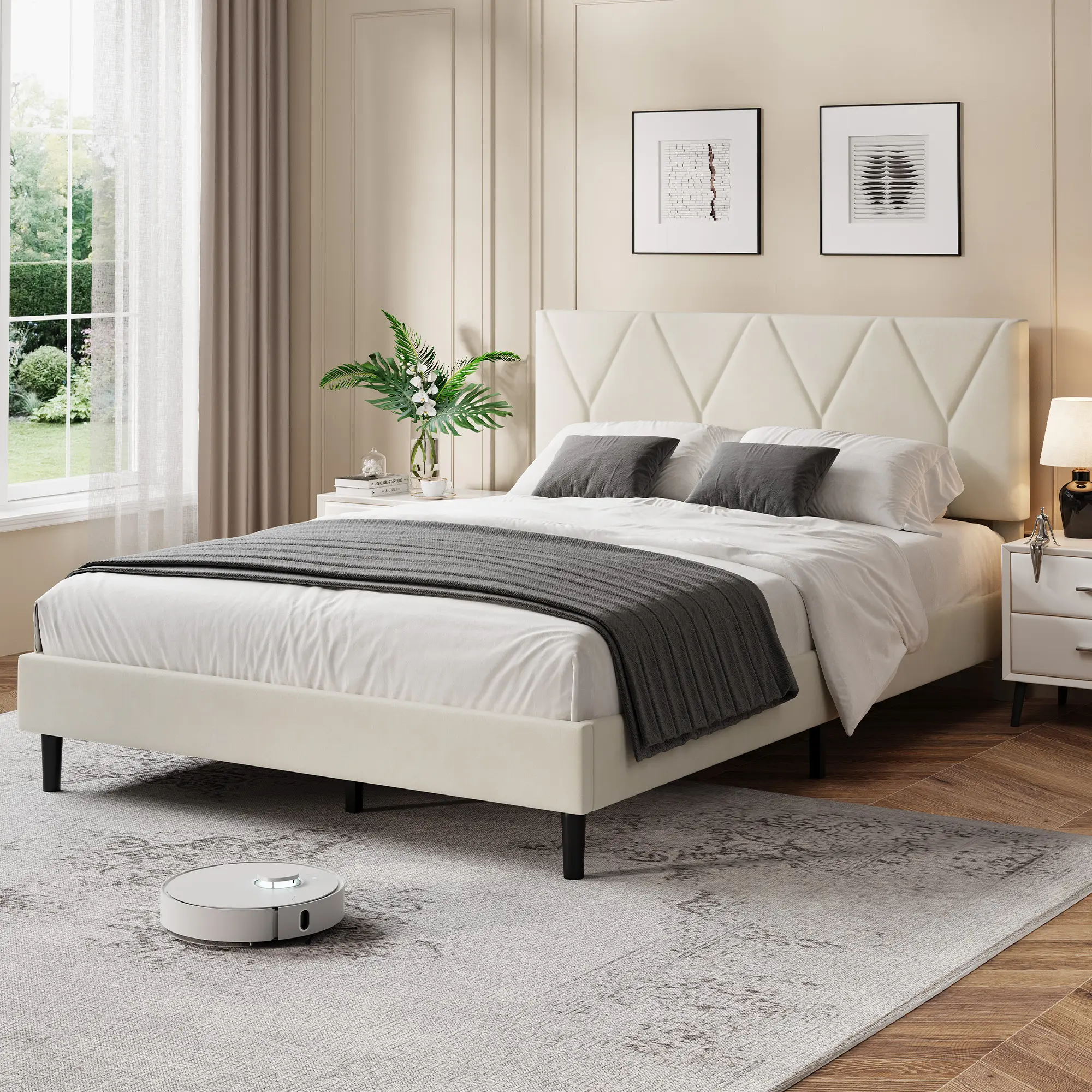 Full/Queen Grey Upholstered Platform Bed with Soft Fabric Headboard & Sturdy Slats, No Box Spring