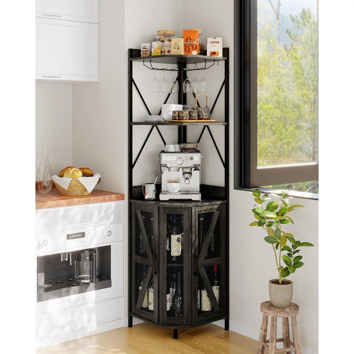 Industrial MDF & Metal Frame Corner Bar Cabinet - Collapsible 5-Tier with LED Lighting, Adjustable Shelves