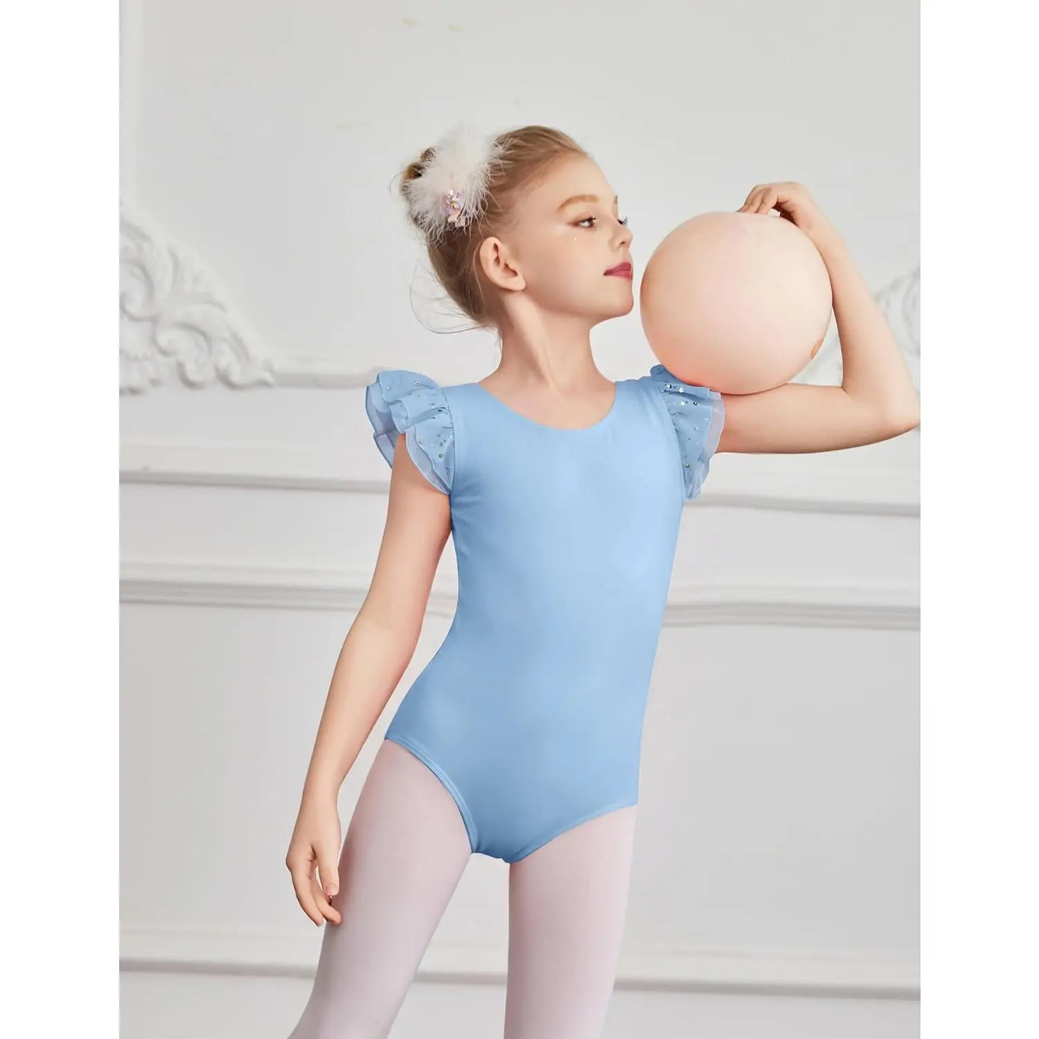 Girls Ballet Leotard with Bow Back Chiffon Ruffle Sleeve |   Kids Gymnastics Dance Outfit Soft Skin-Friendly Dancewear for 2–11 Years Old