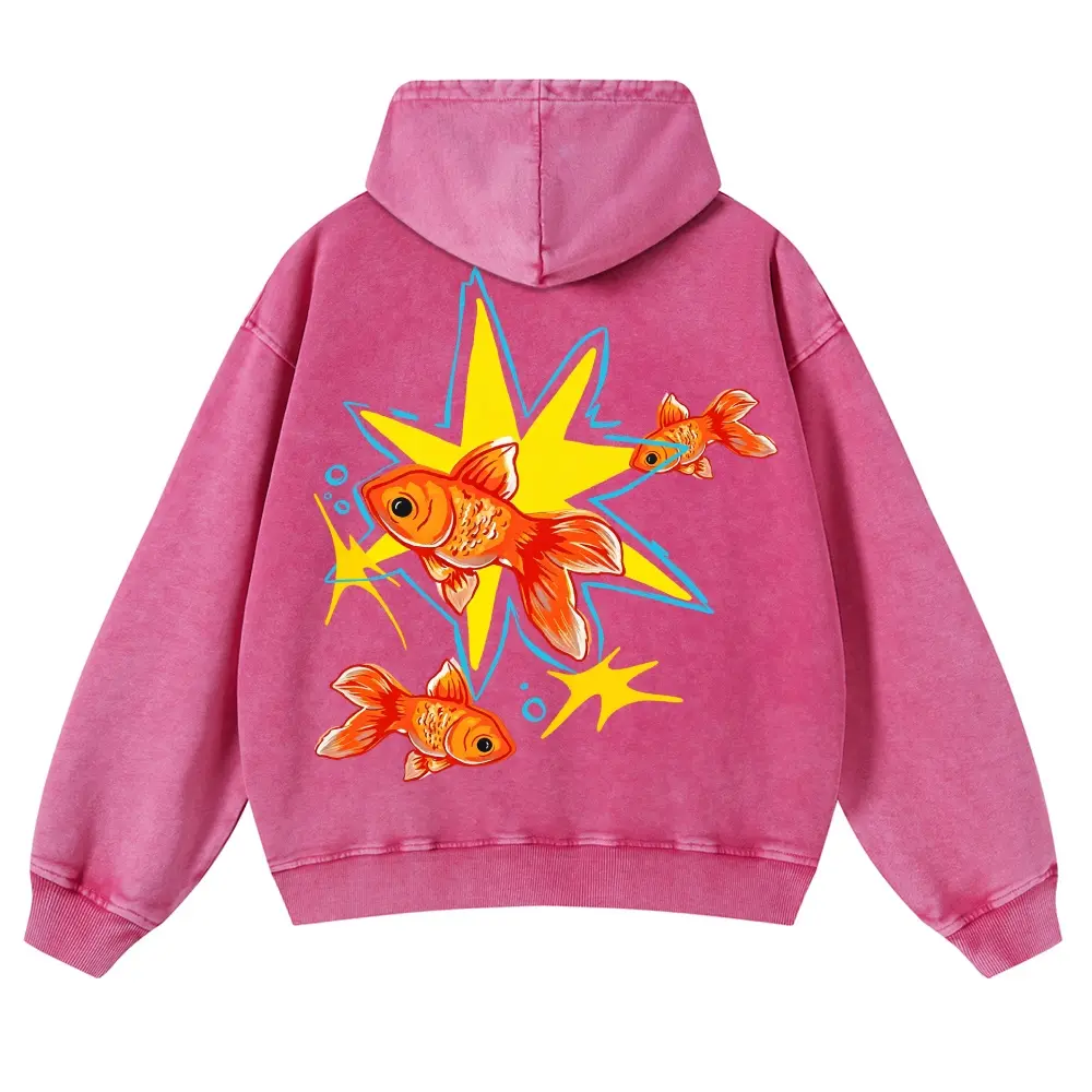[ DTG Print ] Bold Y2K pop comic art styling, three textured glossy orange goldfish, 380g Autumn VIntage Washed Hoodie Graphic Sweatshirt