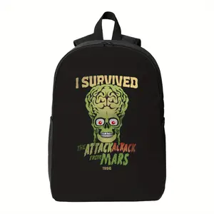 "I Survived on Mars" backpack, suitable for teenagers and adults, with vibrant prints, secure zipper closure, and washable