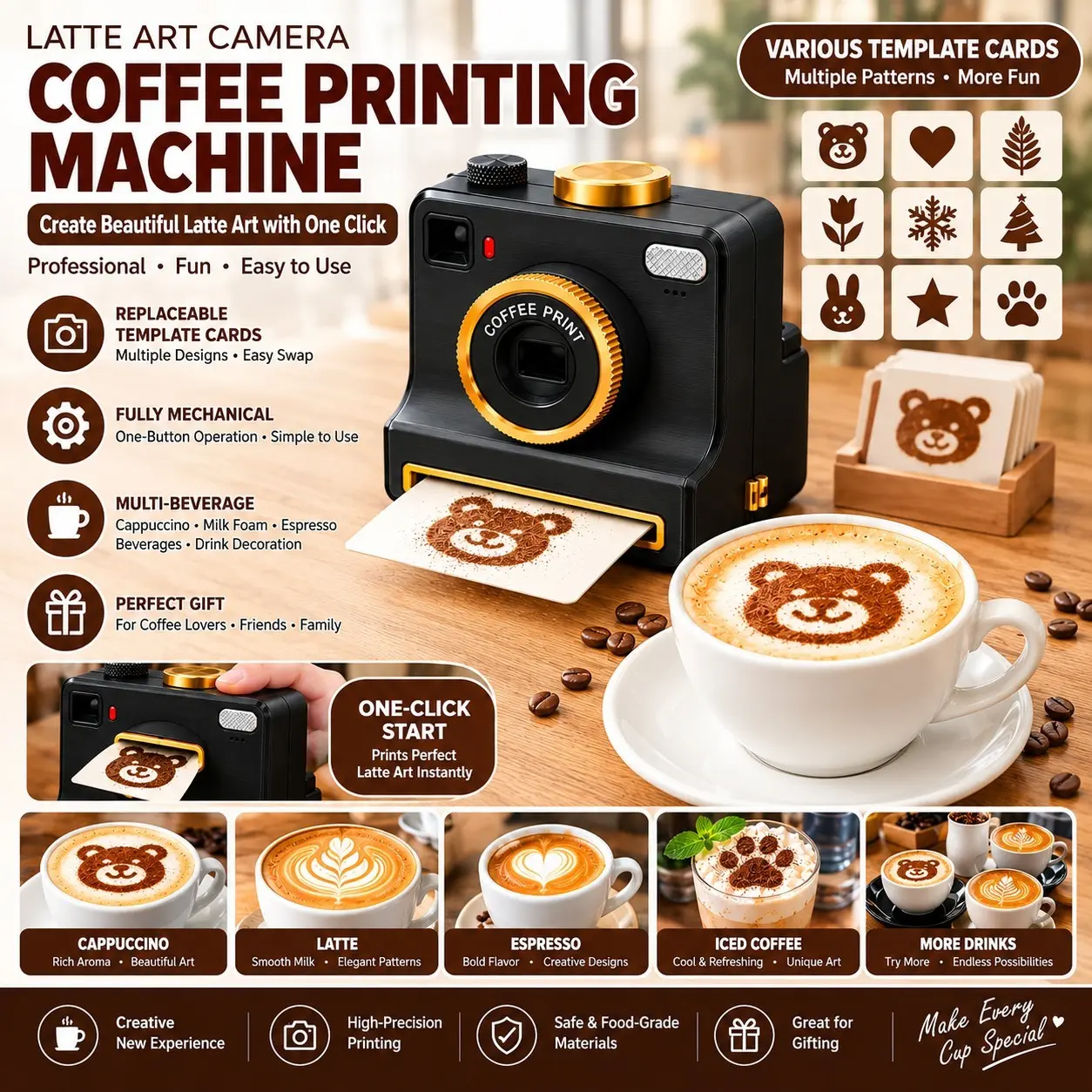 Latte Art Coffee Printer with 4 Templates, Manual Coffee Latte Art Tool, Full Mechanical One-Button Design, Ideal for Cappuccino & Espresso Decor