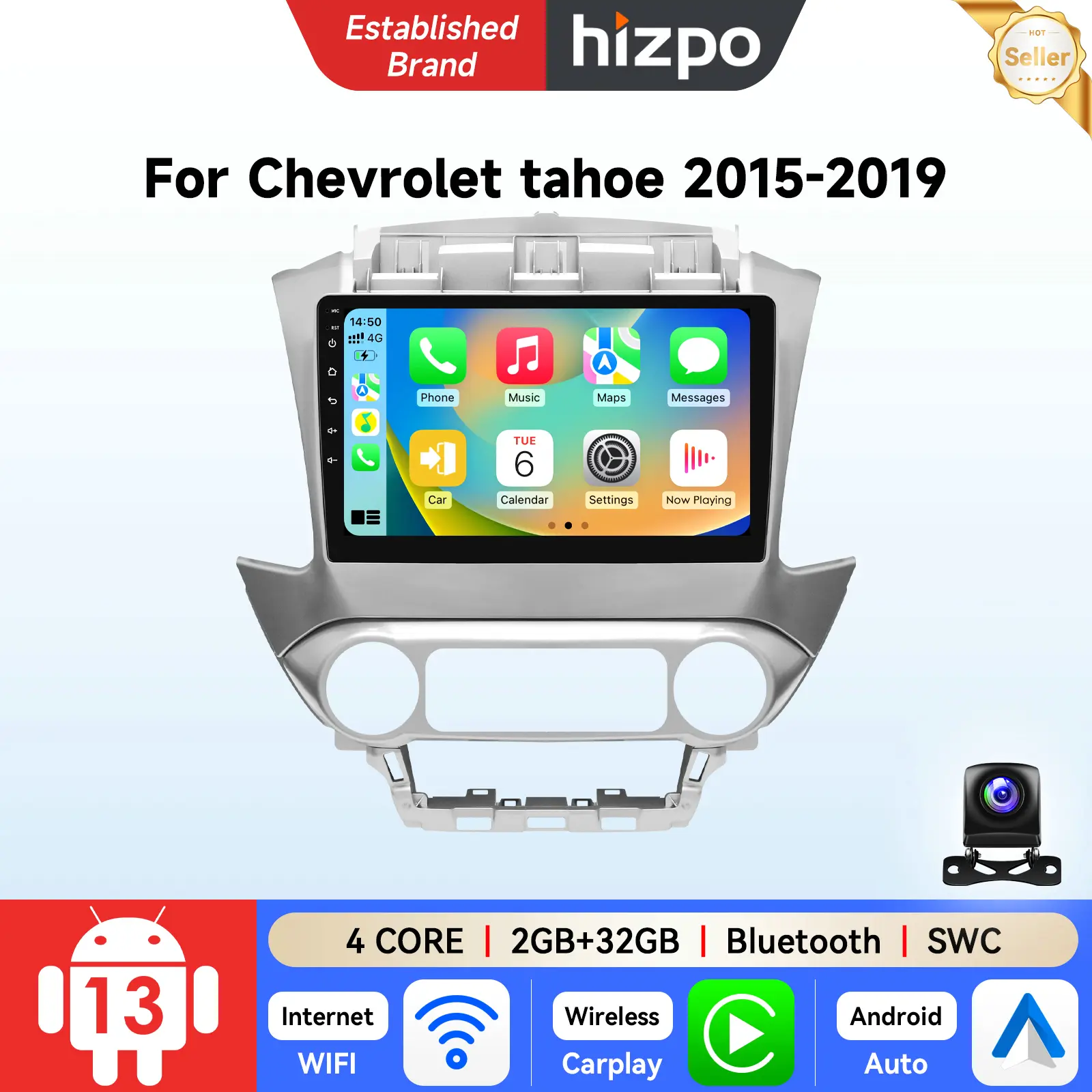 Hizpo Android 13 Car Radio for Chevy Tahoe 2015-2019, GPS Navigation, Wireless In-Car Play, Android Auto, Steering Wheel Control, Voice Assist
