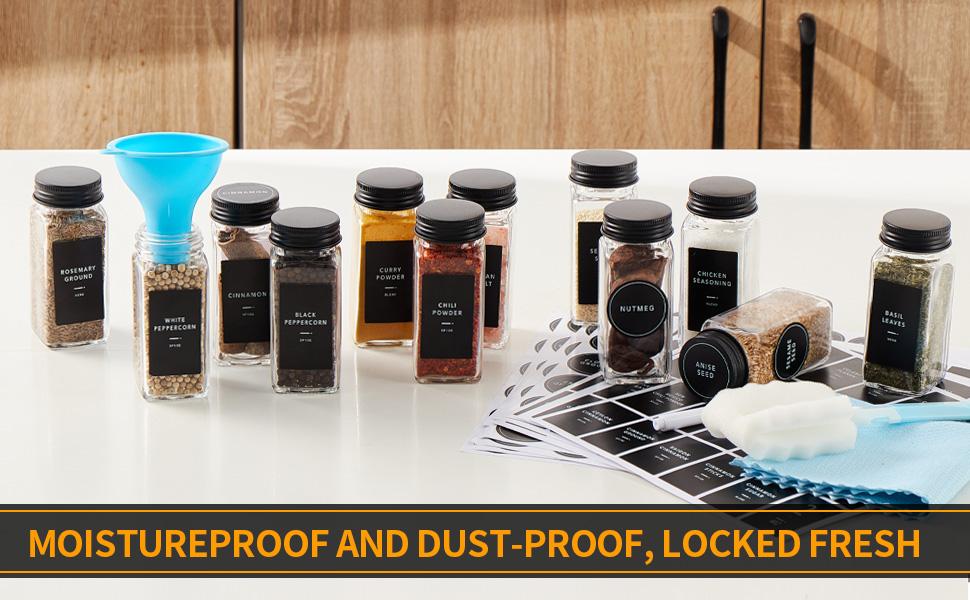 25 Pcs Spice with Label- Glass Spice with Black Metal Caps,Shaker Lids, Funnel, Chalk Pen, Brush,Cleaning Cloth 4oz Seasoning Containers Bottles for Spice Rack, Cabinet, Drawer