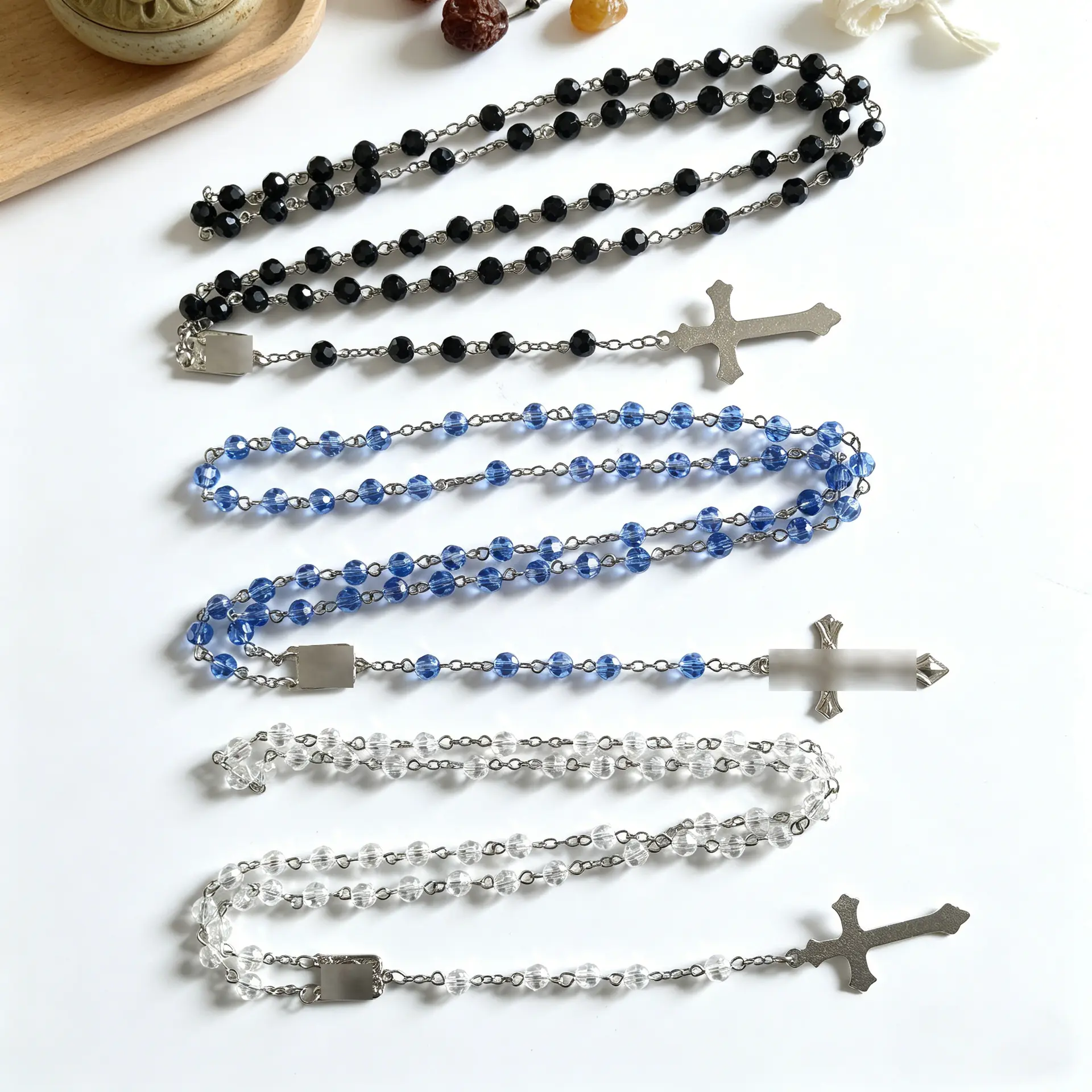 Christian Rosary Necklace with Cross Pendant, Beaded Chain Necklace for Women and Men, Crystal Glass Beads Faith Jewelry, Religious Catholic Inspired Necklace, Vintage Prayer Style Jewelry Gift for Birthday, Christmas and Everyday Wear