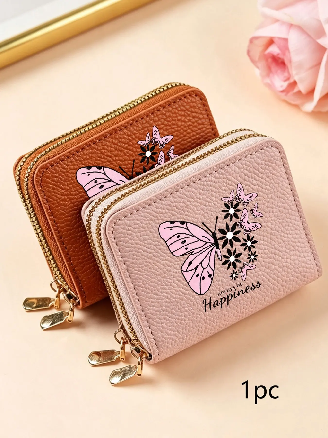 Butterfly Print Mini Zipper Card Wallet, PU Leather Coin Purse, Multi Card Slots, Portable Small Organizer, Womenswallet