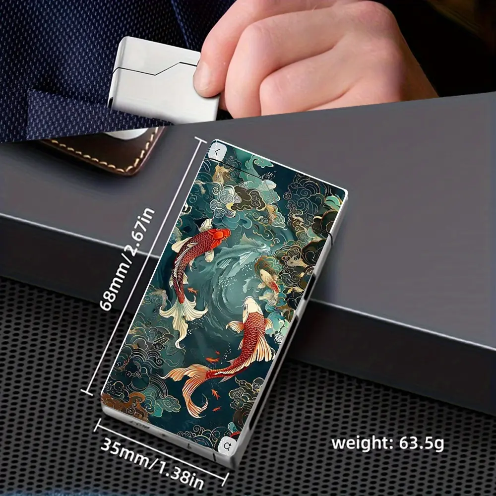 A Windproof Electric Arc Lighter Featuring a Design of Koi Swimming Among Clouds. It Is a Type-C Rechargeable Lighter with a Metal Casing, Battery Display, And Dual Arc. Comes in a Gift Box, Has a Power Cut-Off Feature