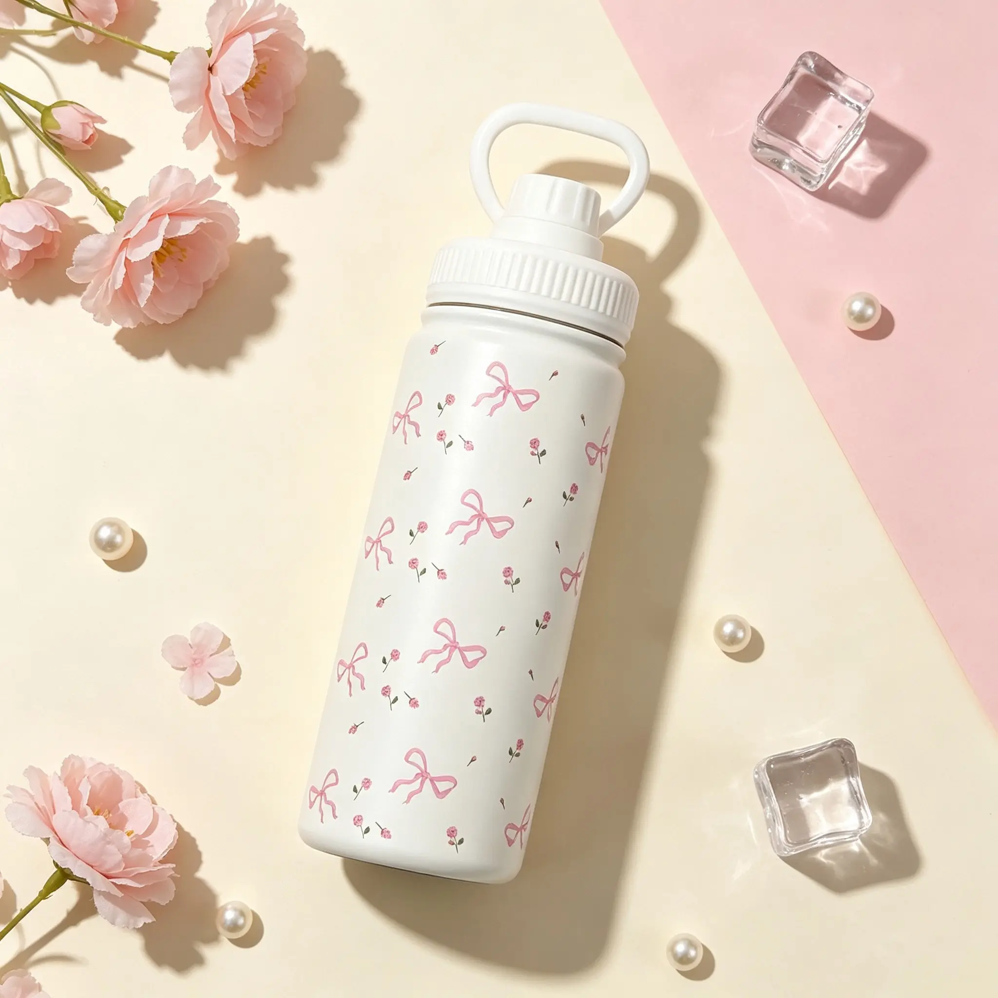 Cute Bow Print Stainless Steel Insulated Cup, Large Capacity, Leak-Proof, Ideal for Students and Workers, Perfect for School, Commuting, Sports