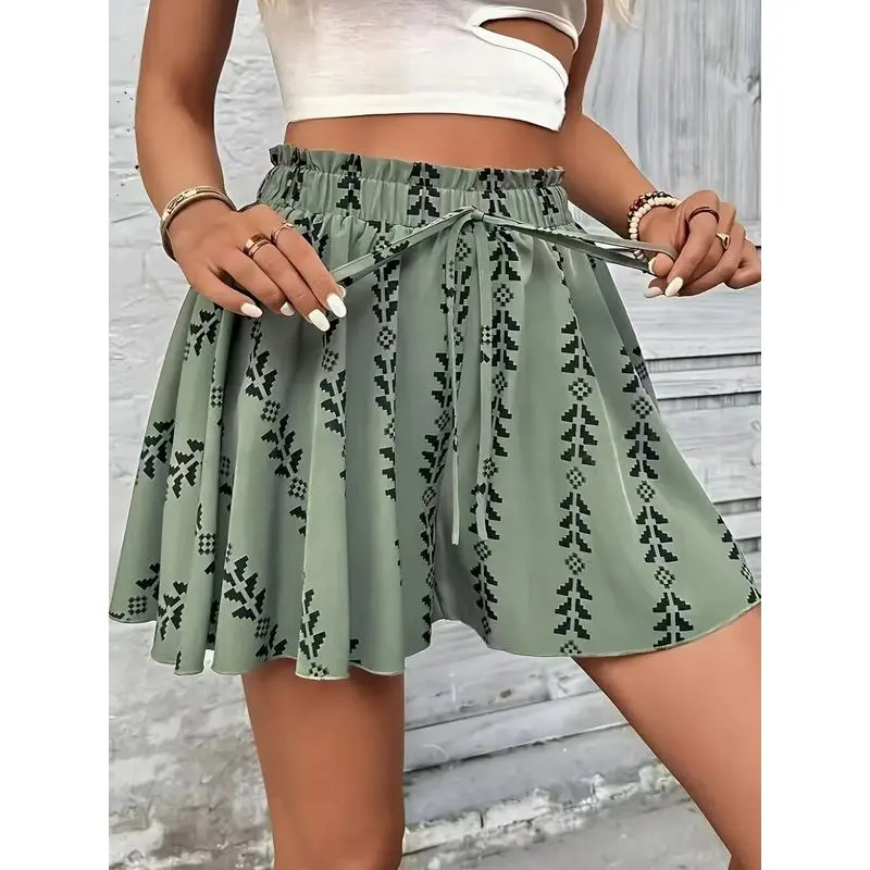 Women's full-print front-tie shorts, summer casual fashion flowy shorts, drawstring beach shorts, casual loose shorts