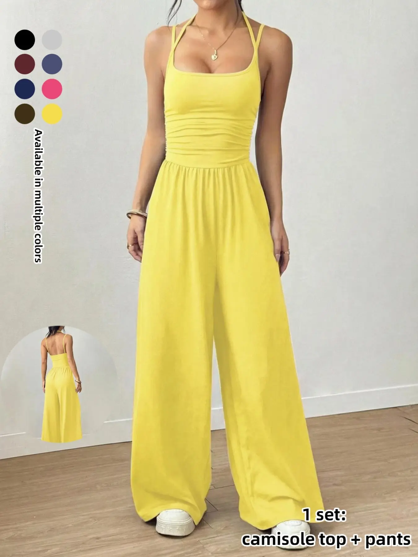 Women's Comfortable Breathable Lightweight Strapless Home Wear, Casual Wrap Top Romper, Summer Wide Leg Loose Long Pants, Relaxing Lounge