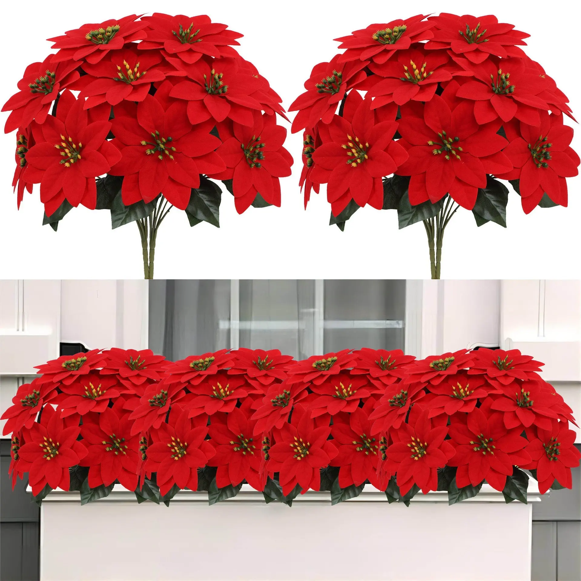 8 Pcs Christmas Artificial Flowers Poinsettia Flowers Red  Heads Silk Poinsettia Christmas Floral Bouquet Winter Artificial Poinsettia Bushes for Xmas Party Holiday Arrangements Decoration