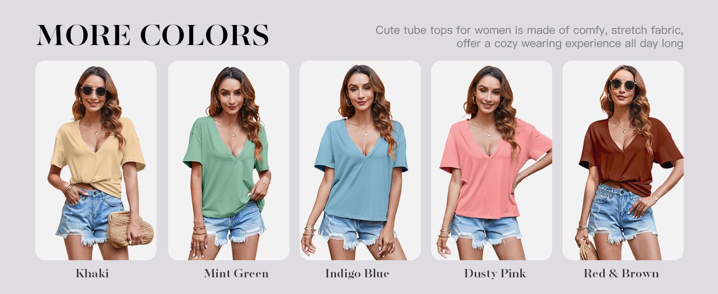 Imily Bela Womens Sexy Deep V Neck T Shirt Short Sleeve Tops Basic Tees Casual Loose Shirts