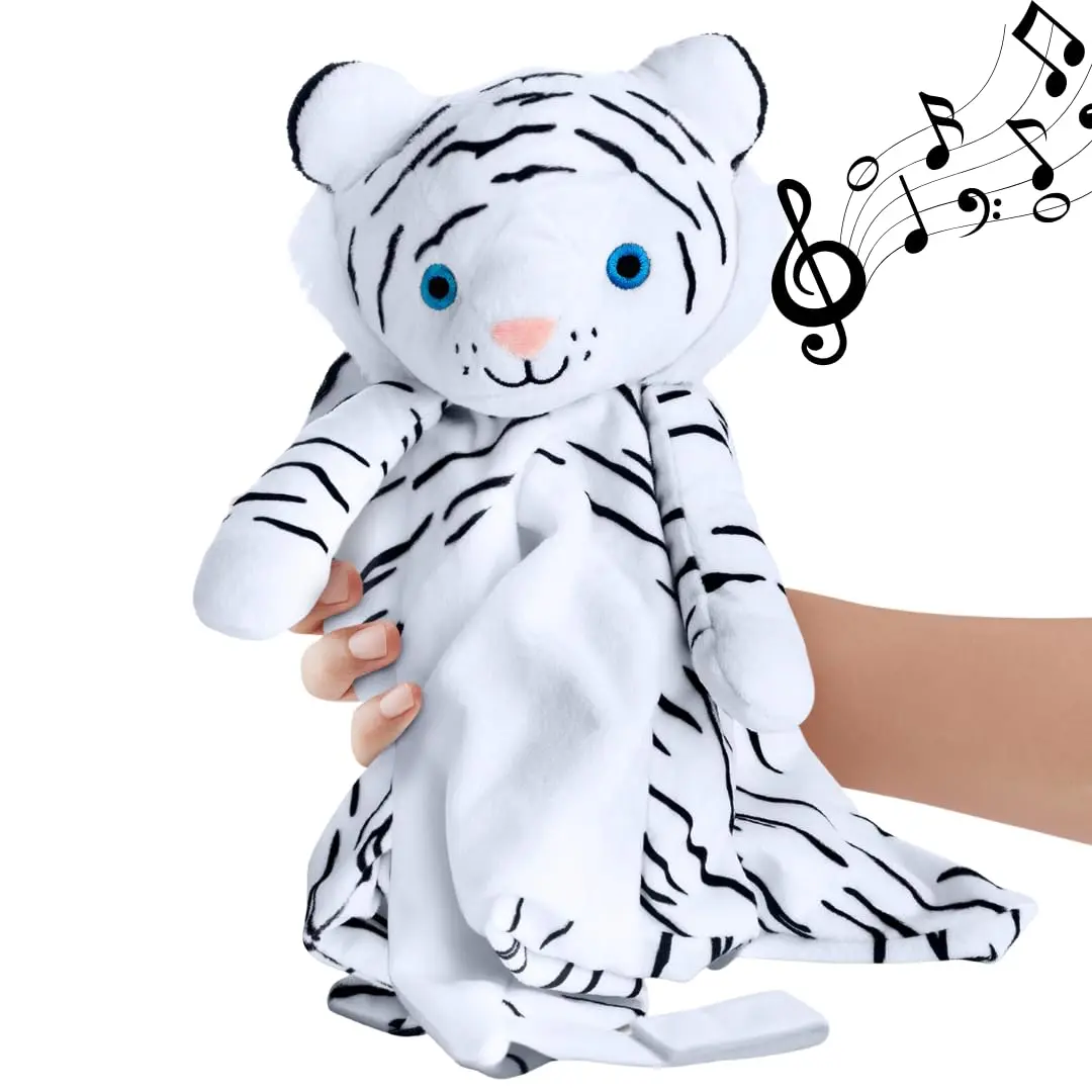4 in 1 Baby Lullaby Sleep Soother Toy - Stuffed Animal Sound Machine & Pacifier Holder |   Heartbeat White Noise & Music |   Plush White Tiger Lovey Sleep Aid Security Blanket (0-3 Years)