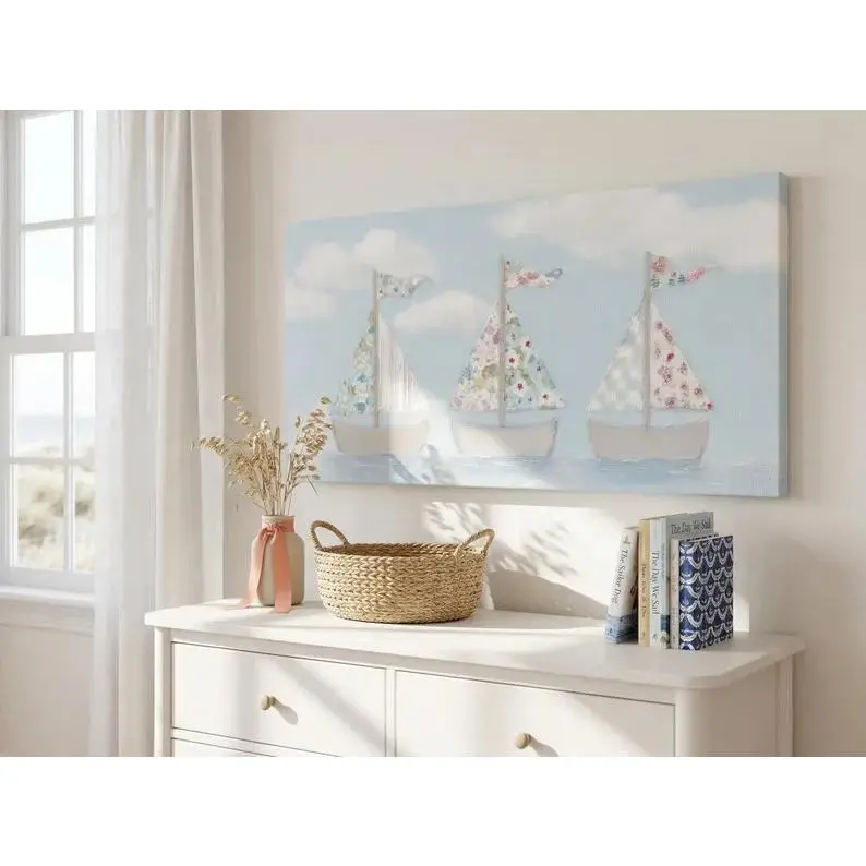 Pastel Sailboat Canvas Print Nursery Wall Art |   Coastal Baby Room Decor |   Soft Vintage Boats Artwork |   Boys Nursery Ocean Theme Canvas