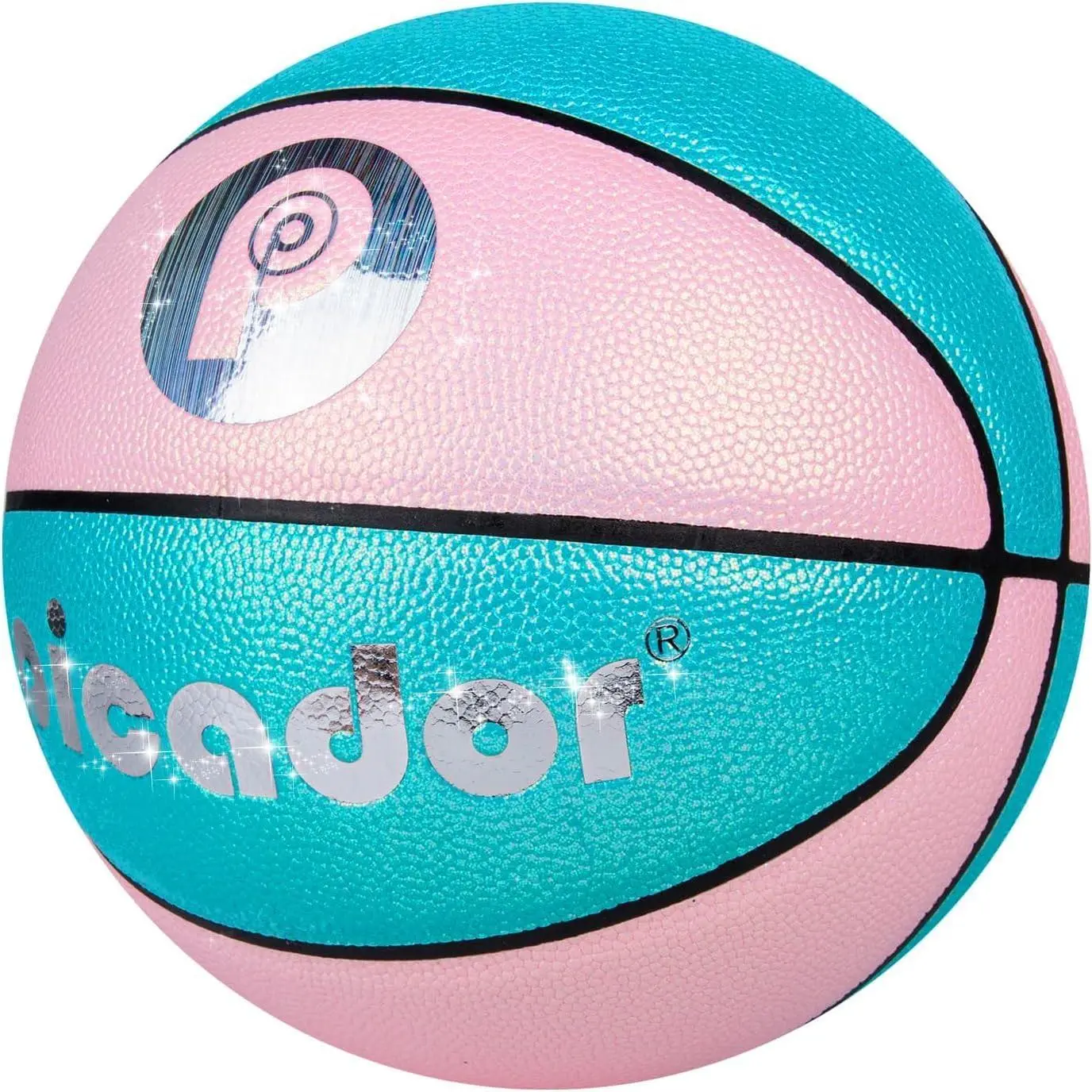 PP PICADOR Size 5 PU Leather Basketball (27.5in) - Glitter Surface, Sparkling Look for Kids Age 3-10, Indoor Outdoors Play Training Sports Gift (Glitter Pink/Blue), Ages 3-10