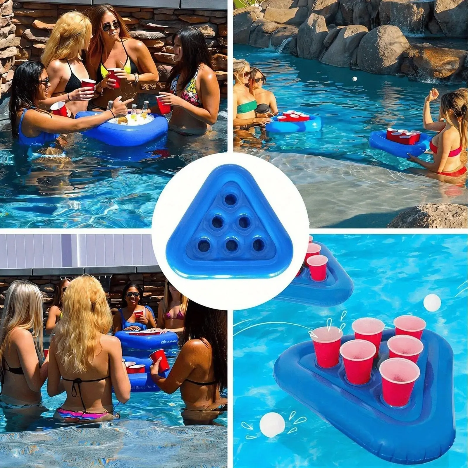 Inflatable Pool Drink Holder & Beer Pong Float Set, Floating Cooler Tray, Triangle Holder, Adult Summer Pool Party Game, Usa Summer Vibe, Pool Float Accessory