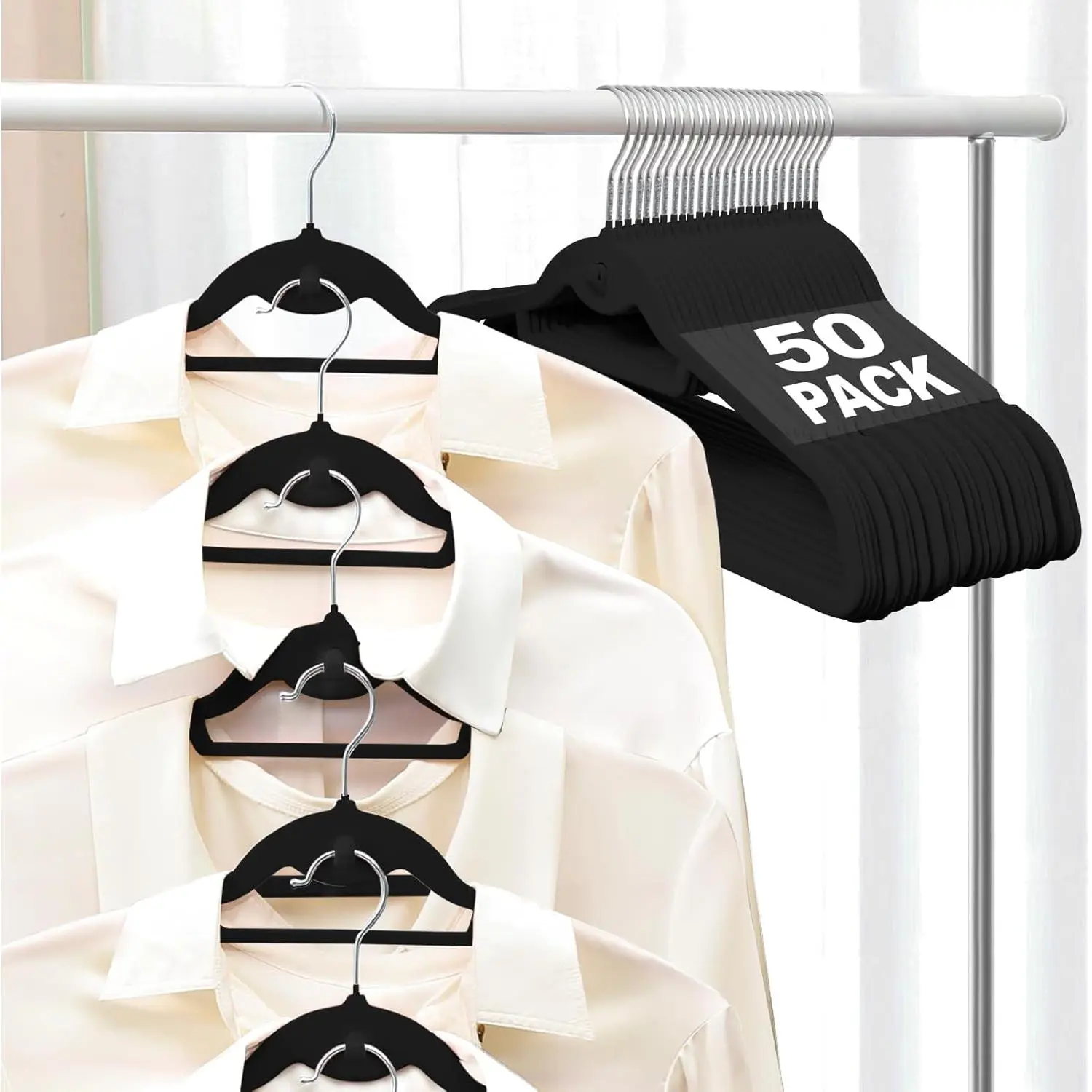 Black Velvet Felt Stackable Hangers 50-Pack - Pet Accessory Organiser, Non-Slip Curve Design, 360° Swivel Metal Hook, Ultra-Thin Space-Saving, 15Lbs Heavy-Duty Capacity for Suits, Shirts