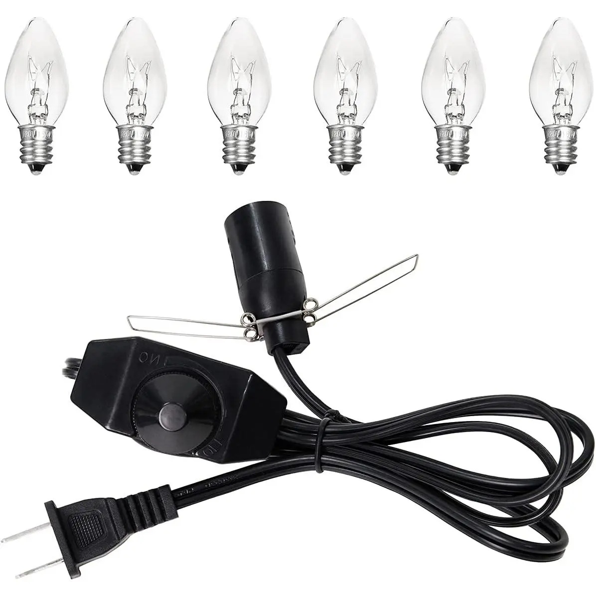 Himalayan Salt Lamp Cord (5  Cord with Metal Clip) with Dimmer ,   Cord and 6 Packs E12 Halogen Salt Lamp Bulbs