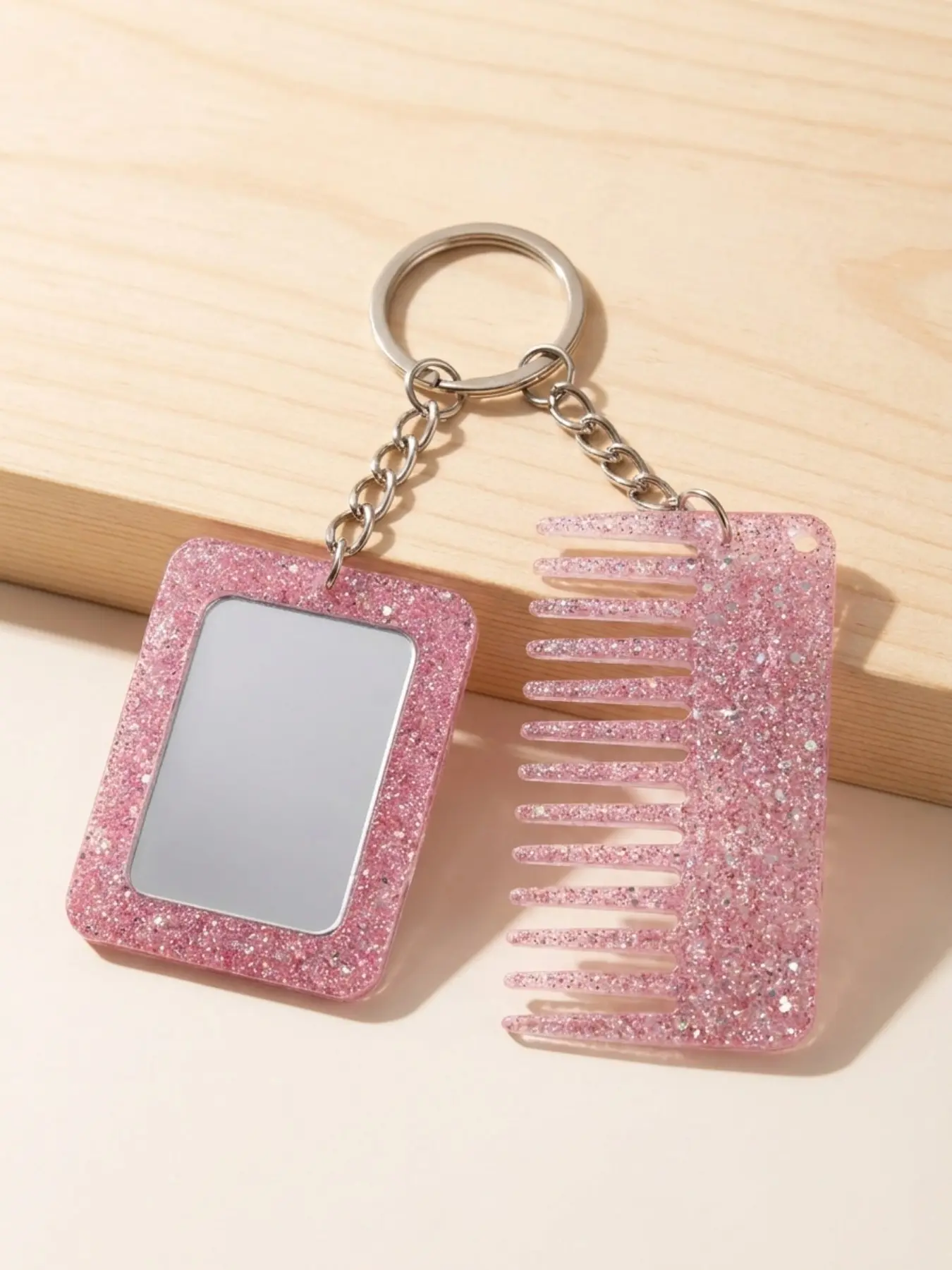 Glitter Pink Mini Mirror and Comb Keychain Set, Portable Pocket Hair Comb with Compact Mirror Keyring for Purse and Handbag