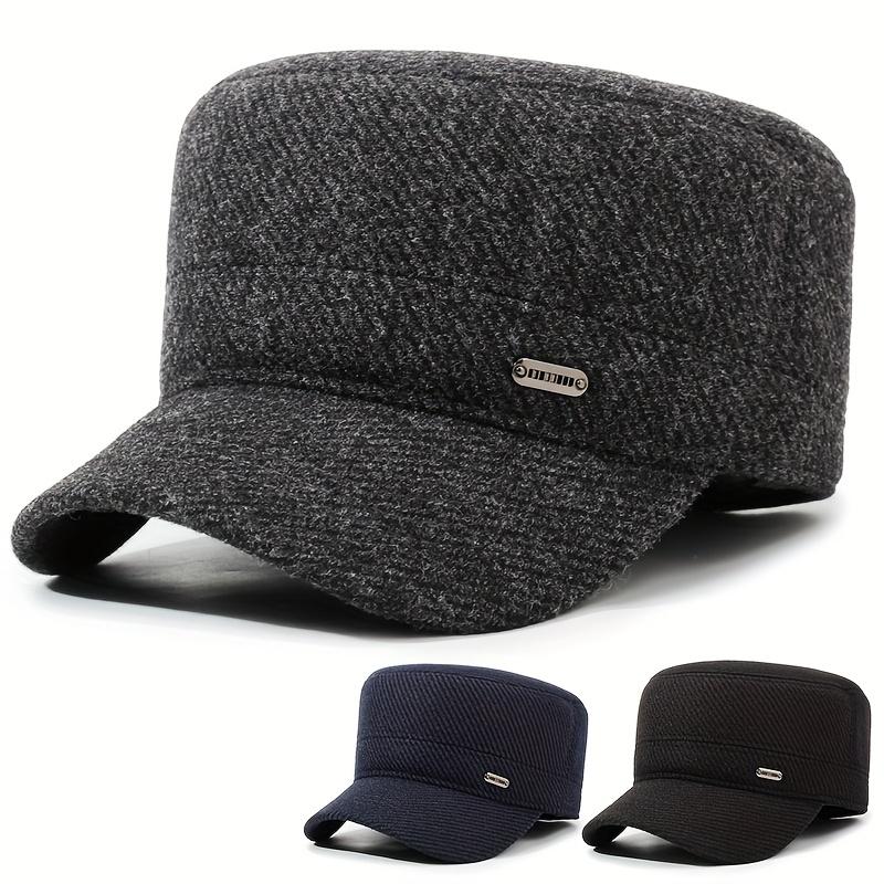 Men's Winter Warm Fleece-Lined Thickened Flat Cap with Ear Flaps - Tweed Style Felt Hat for Elderly & Middle-Aged, Multi-Color Options (Black, Navy, Brown, Grey) - Outdoor & Formal Cold Weather, Christmas/Thanksgiving/Halloween Accessory, Funky & Stylish