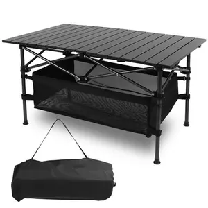 Heavy Duty Rolling Outdoor Roll Top Picnic Table - Collapsible Aluminum Alloy Compact Foldable Travel Desk with Mesh Fabric, Anti-Slip Surface for Camping-3878